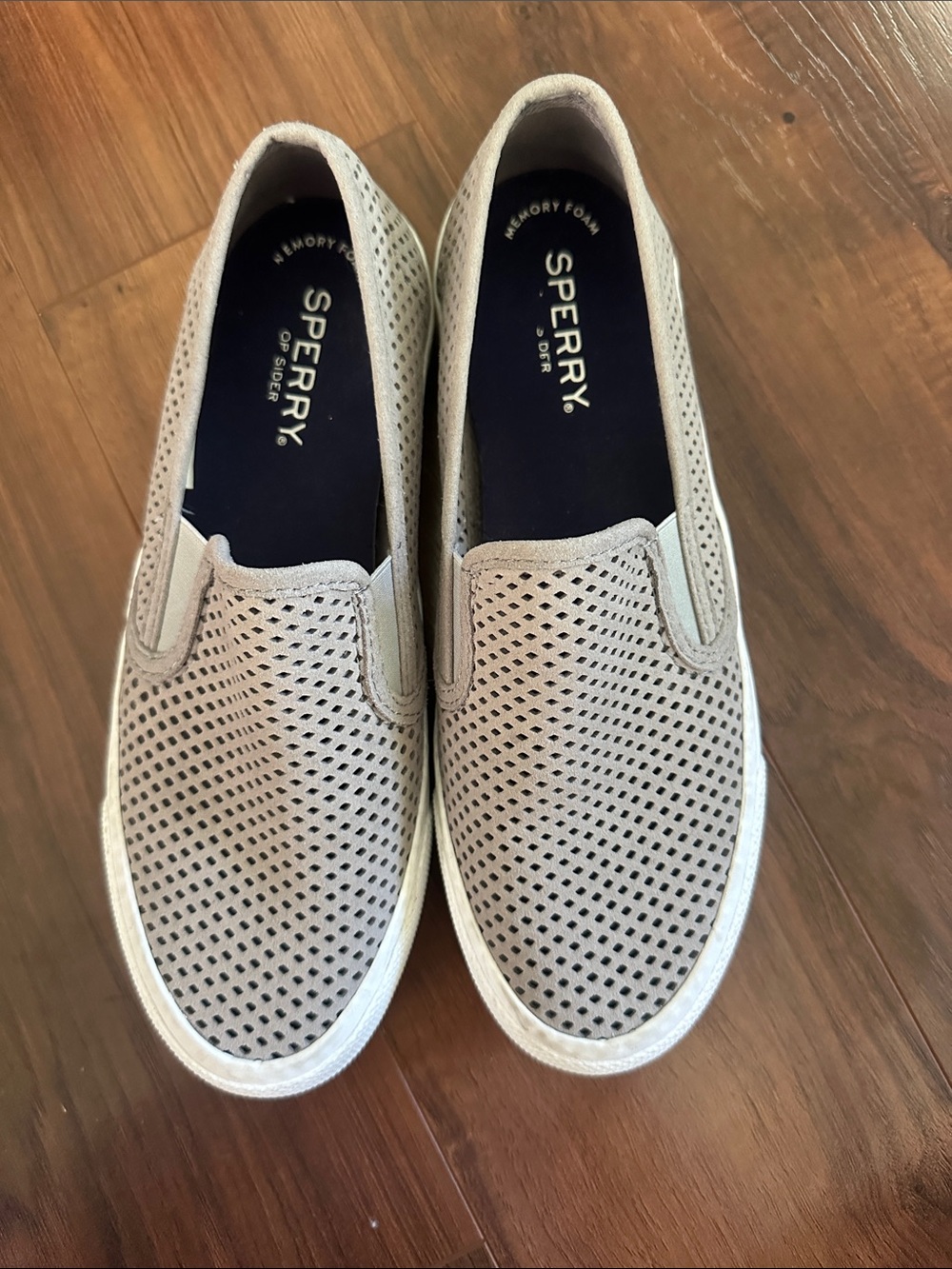 Sperry Perforated Slip-On Sneakers in Taupe and White
